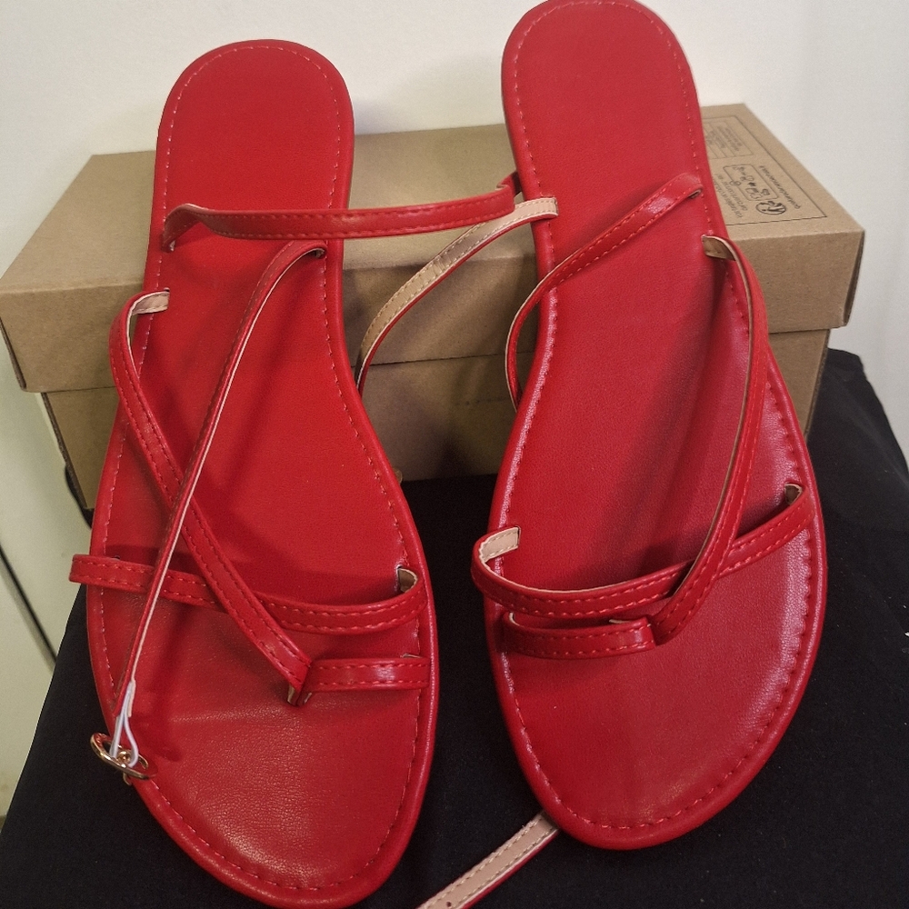 NWT  Red Sandals Flats W/Wrap Around Strap  Size 9 Or EUR 40